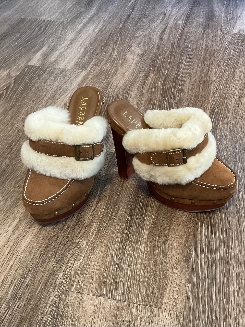 Lauren Ralph Lauren Chestnut Suede Shearling Mule Slides
